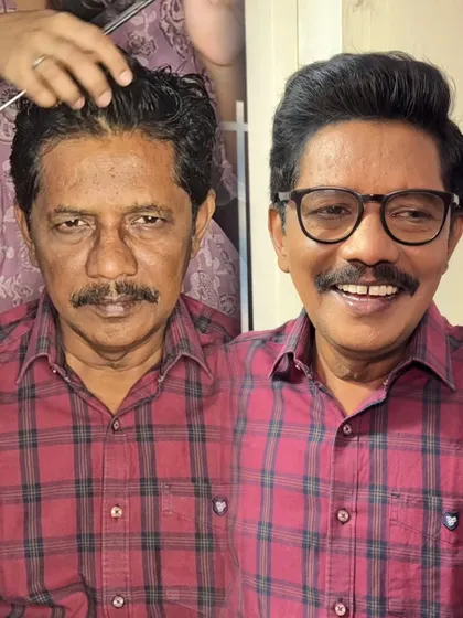Another angle of the before and after transformation. Notice how the hair is styled to create more volume and the skin tone is evened out, making him look camera-ready and confident.
