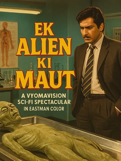 A still from the fictional VyomaVision film 'Ek Alien Ki Maut', showing a scientist examining a dead alien. This series allows me to tell stories through the visual language of a lost film studio.