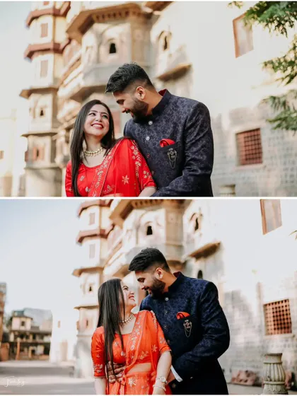 Candid moments from a pre-wedding shoot in Indore, showing the couple sharing a laugh against the city's beautiful heritage buildings.