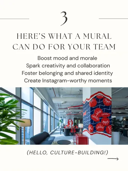 A mural does so much for your team. It can boost mood and morale, spark creativity, foster a sense of belonging, and even create those Instagram-worthy moments that build your company culture.