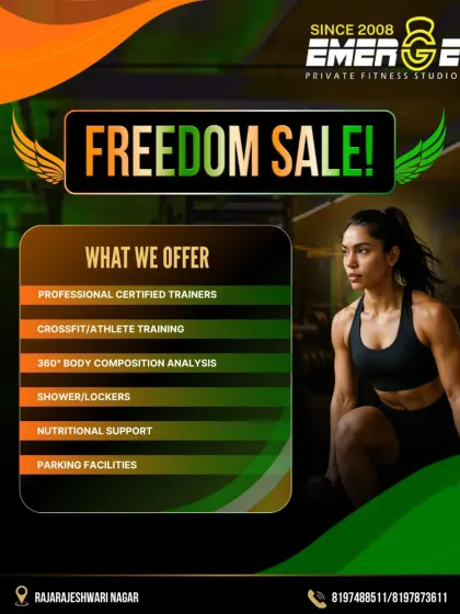 Our Freedom Sale poster, offering 30% off and listing key services like professional trainers, 360-degree body composition analysis, and nutritional support.