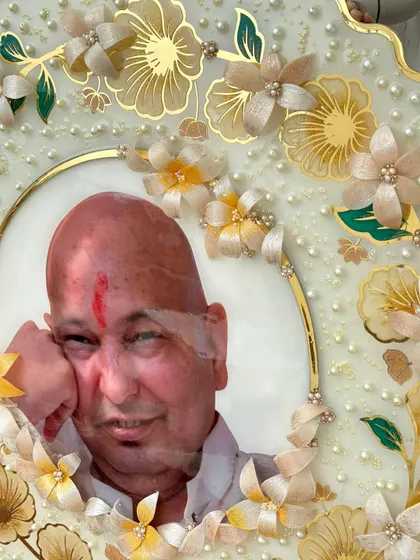 A close-up of the finished Guruji frame, showing the detail in the 3D resin flowers and the serene expression captured in the photograph. Jai Guru Ji.
