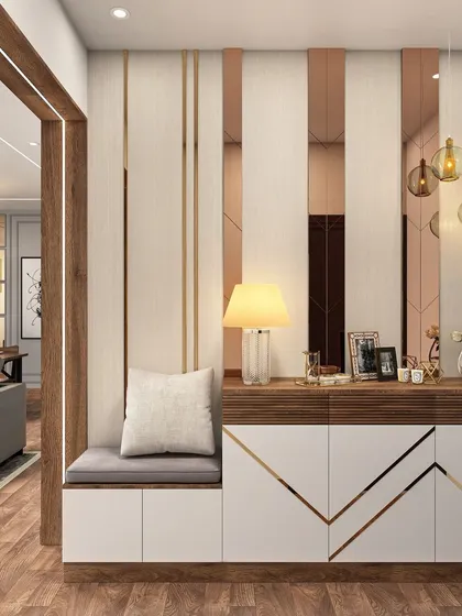 A functional and stylish entryway console with a seating nook. The design uses wood, white laminate, and metallic accents, with mirrored panels to create a sense of spaciousness and light.
