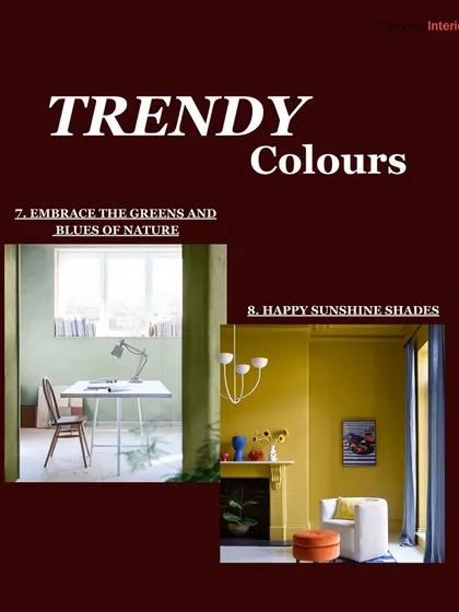 This image showcases nature-inspired trends, like the greens and blues of nature and happy sunshine shades, which bring a sense of calm and positivity into the home.