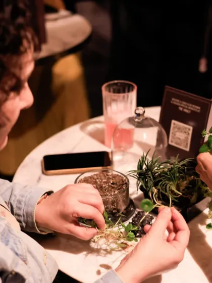 A candid shot from one of our public workshops. Two participants are carefully selecting and placing tiny plants into their terrariums, demonstrating the focus and delicate touch involved in this miniature gardening art form.