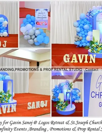 A heavenly celebration for a Christening ceremony at St. Joseph Church. The decor features a beautiful blue and white color palette, with arch backdrops, an organic balloon garland, and personalized lettering for a blessed and beautiful day.