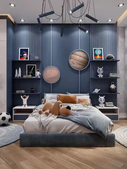 A duplicate of image 80, this outer-space-themed bedroom is perfect for a young explorer, with planet decor and a cool blue color palette.