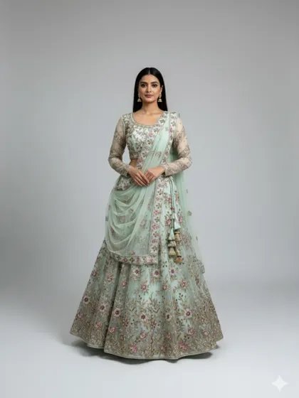 Look absolutely graceful in this pastel mint green lehenga, ideal for a day wedding or an engagement ceremony. The delicate floral embroidery in soft pink and rose tones, paired with a modern pre-draped dupatta, creates a fresh and sophisticated look.
