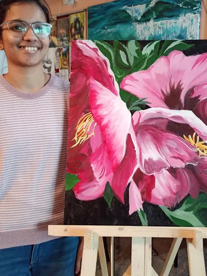 Lakshmi completed this gorgeous close-up floral painting in my acrylics class. We focused on creating depth and realism by carefully layering colors and highlighting the delicate structure of the petals.