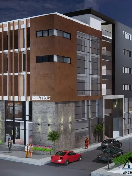 A 3D visualization of a commercial project on Hosa Road. This render demonstrates the design process, showing how I blend materials like wood, stone, and glass to create a dynamic and modern commercial building facade.