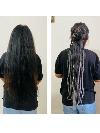 This is the power of a partial dreadlock installation. On the left is the client's beautiful natural hair, and on the right is the result after I added a set of custom silver and grey loc extensions. This style gives you the dreadlock look while keeping some of your hair free, offering incredible versatility.
