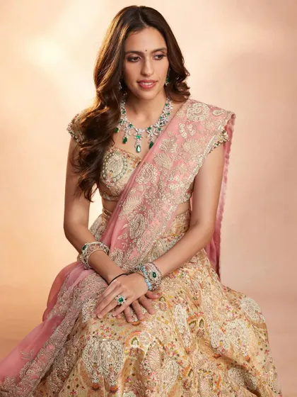 Another angle of the beautiful pastel Anamika Khanna lehenga. The draping of the dupatta and the intricate work on the skirt are just exquisite.