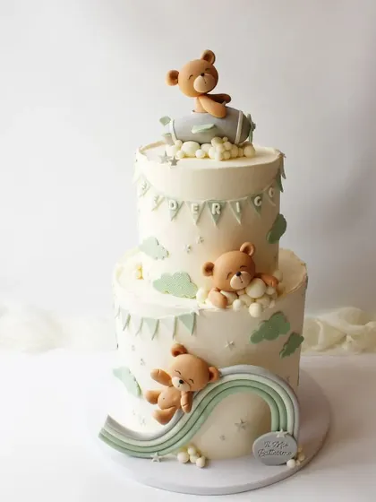 The full view of the charming multi-teddy bear celebration cake.