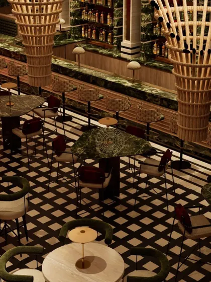 An overhead render of the bar and high-top table area, highlighting the mix of patterned flooring, green marble, and custom bamboo chandeliers.