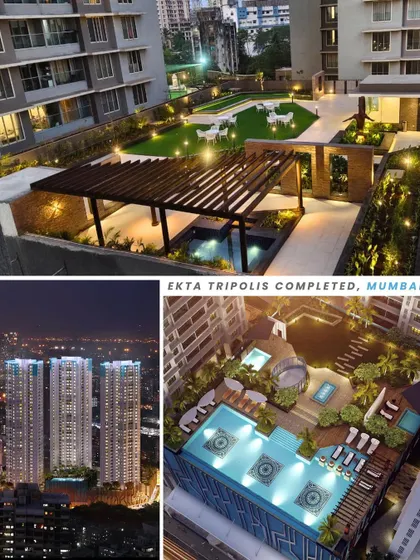 A collage of the now-completed Ekta Tripolis residential high-rise in Goregaon, Mumbai. This 36-storey gated community reflects my vision for modern urban living, complete with fully finished recreational zones and lush landscaped areas.