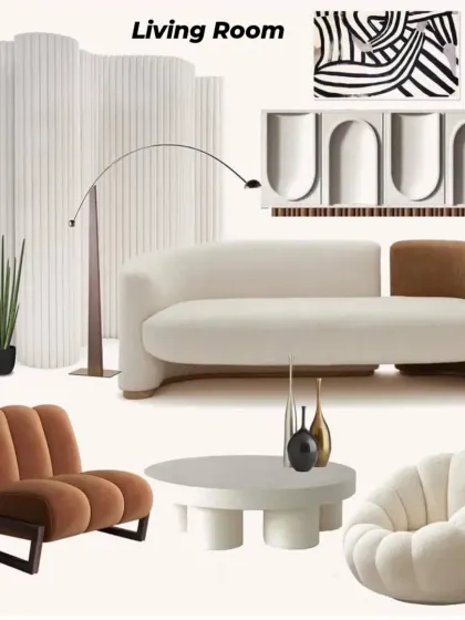 A living room mood board centered around sculptural and curved furniture in warm, earthy tones, creating a space that is both modern and inviting.