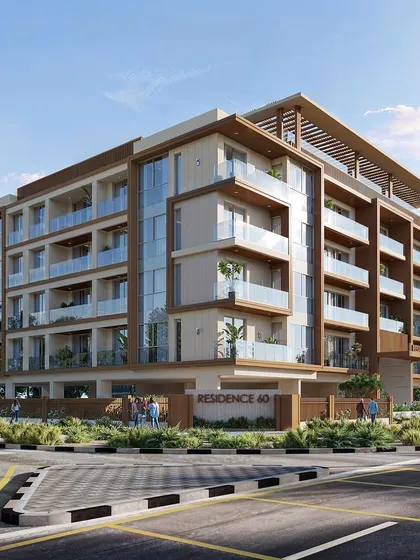 A corner view of the "Residence 60" apartment building, showing how it addresses the street corner with its wrap-around balconies and landscaped grounds.