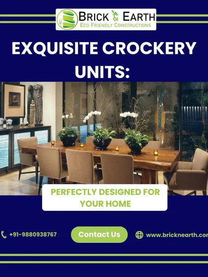 This image shows a dining area setup with a solid wood table and a stylish crockery unit. We design these spaces to be perfect for family meals and entertaining, ensuring there is enough storage for all your dinnerware.