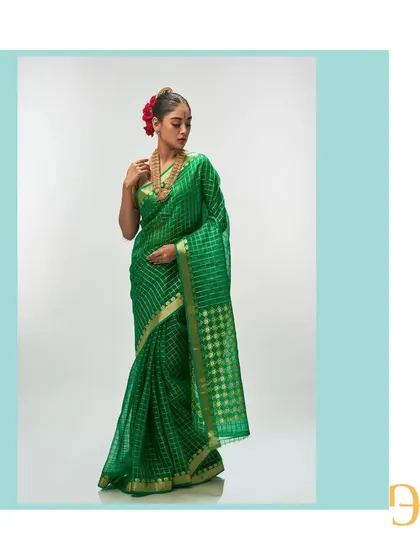 A full-length portrait in the shamrock green organza saree, a color that is both festive and deeply elegant.