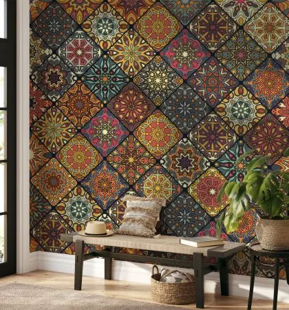 An entryway featuring our Traditional Blooming Pattern wallpaper makes a bold and beautiful first impression. The rich colors and detailed artwork offer a warm welcome to all who enter.