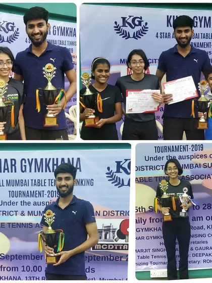 A collage showcasing the achievements of our players at the Khar Gymkhana 4-star ranking tournament, including men's winner Ravindra Kotiyan and junior girls' winner Vidhi Shah.