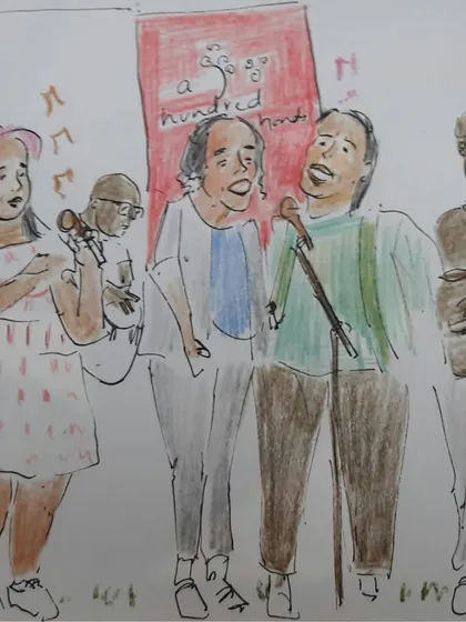 A beautiful sketch capturing the essence of our festival, featuring musicians and jammers, by the Penciljam community.