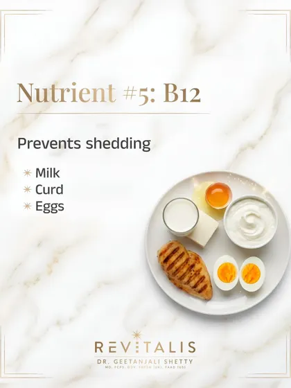 Vitamin B12 helps in the production of red blood cells, which carry oxygen to your hair follicles. A deficiency can lead to increased hair shedding. Dairy products and eggs are good sources for this nutrient.