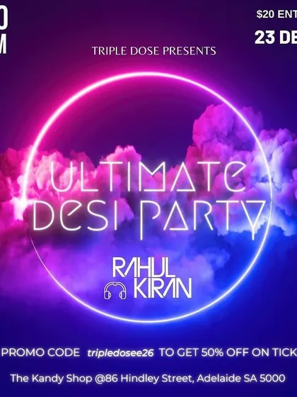 The 'Ultimate Desi Party' flyer for a December gig. I maintain a consistent schedule of events, especially during the holiday season.