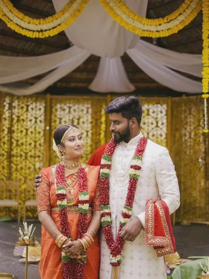 A duplicate of a classic portrait, capturing the couple's serene expressions after the wedding ceremony.