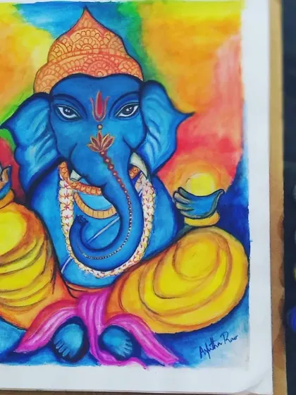 A colorful and contemporary painting of Lord Ganesha, the remover of obstacles. I blended bright, warm, and cool tones in the background to give this traditional depiction a modern feel, while keeping the focus on his calm and benevolent expression.