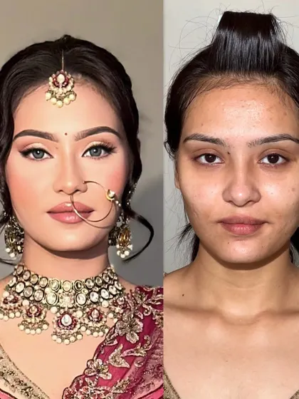 A winged liner, soft plumped peachy lips, and the right amount of blush is all you need. This before and after showcases a perfect day bridal look.