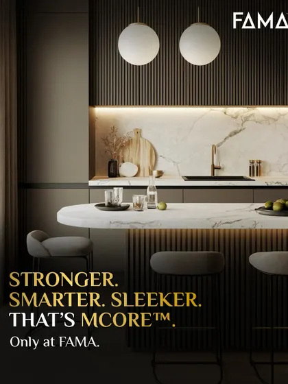 Stronger, smarter, sleeker. That’s my proprietary M-Core material. This bar counter, with its seamless marble-finish top and fluted base, isn’t just beautiful. It’s built to resist stains and moisture, so you can entertain without stress.