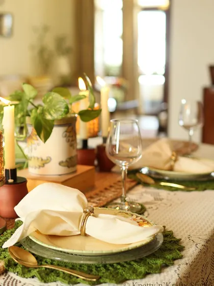 Another angle of the beautiful tablescape, showing how the placemats tie everything together.