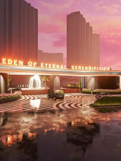 The gateway for 'Eden of Eternal Serendipities' is designed to evoke grandeur, with a futuristic, flowing structure and dramatic lighting that creates a memorable sense of arrival.