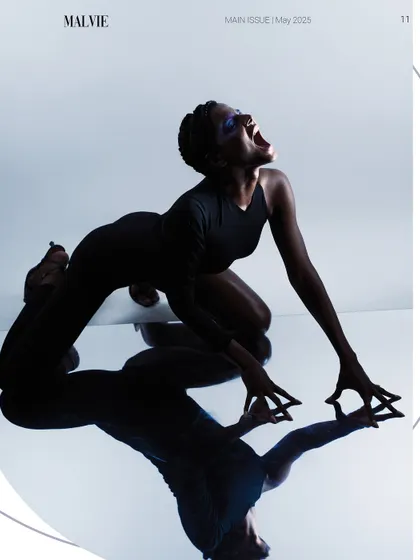 A surreal composition for Malvie Magazine, using a mirror to create a reflection that doubles as a contorted pose.