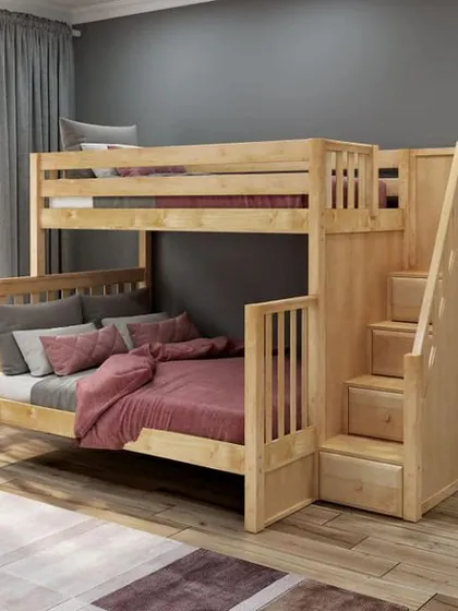 A sturdy wooden bunk bed with storage stairs, in a classic design that will last for years.