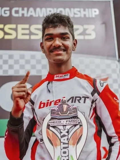 A champion's focus. Abhay Racing after a hard-fought victory, reflecting his strong comeback in the 2023 championship season with multiple P1 finishes.
