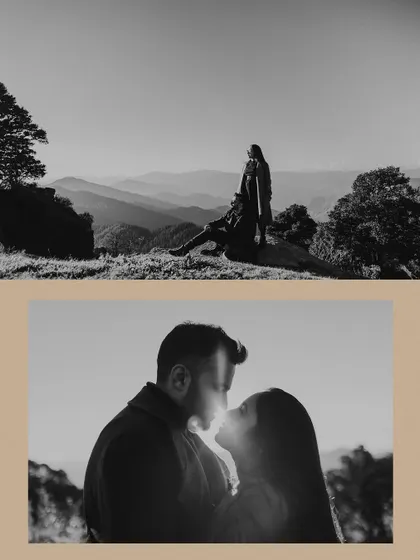 A two-panel collage of black and white portraits from a mountain shoot, featuring a wide shot and a backlit close-up, playing with light and shadow.