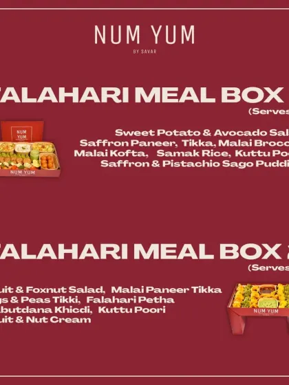My Falahari Meal Boxes are perfect for Navratri. Box 1 includes dishes like Sweet Potato & Avocado Salad and Samak Rice, while Box 2 features Fruit & Foxnut Salad and Sabudana Khichdi, each serving four people.