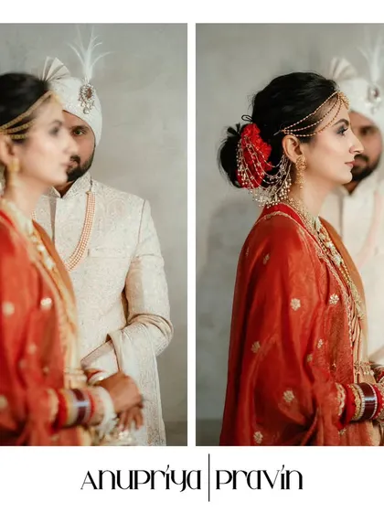 A diptych of artistic portraits, with the groom out of focus in the background, putting the spotlight on the bride's elegant profile.