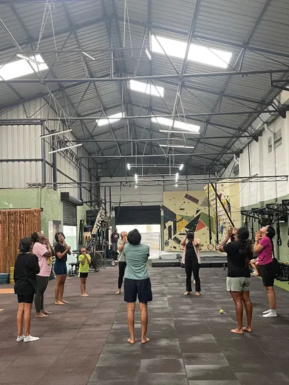 A full view of our group warm-up session. Starting together helps build a sense of team and gets everyone in the right mindset to climb.