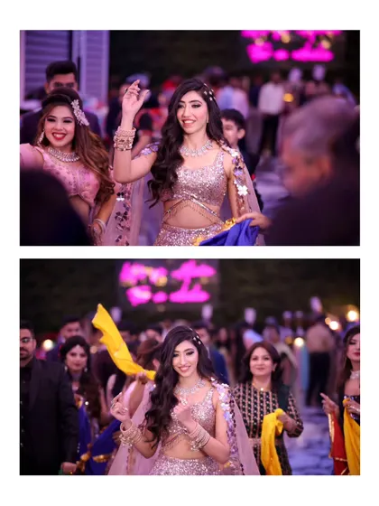 The bride's grand entrance at her engagement, surrounded by friends and family. This collage captures the energy and excitement of the celebration.