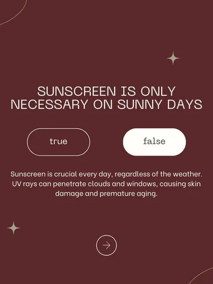 Myth: Sunscreen is only necessary on sunny days. False. UV rays penetrate clouds and windows every day, causing skin damage and premature aging. Daily sunscreen is non-negotiable.