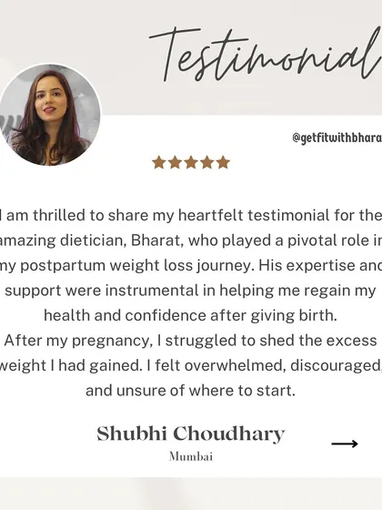Shubhi was struggling to shed her post-pregnancy weight and felt overwhelmed. She found my expertise and support instrumental in helping her start her journey.