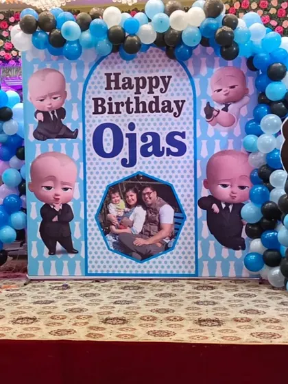 Another view of the Boss Baby backdrop, showing how I can customize it with personal photos to make the celebration unique.