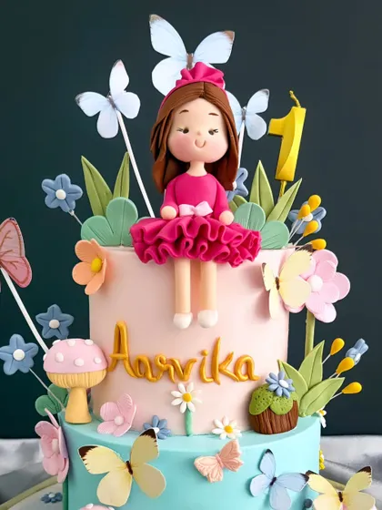Crafting edible magic for your most special moments. This butterfly cake for Aarvika's first birthday features a sweet doll topper surrounded by handcrafted flowers, mushrooms, and butterflies.
