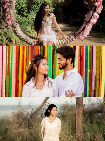 A vibrant collage from a pre-wedding shoot featuring multiple setups, from a floral swing to a colorful ribbon backdrop, showcasing the variety we can create in a single session.
