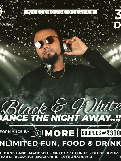 My New Year's Eve 2023 party poster for a "Black & White" themed event with unlimited packages.