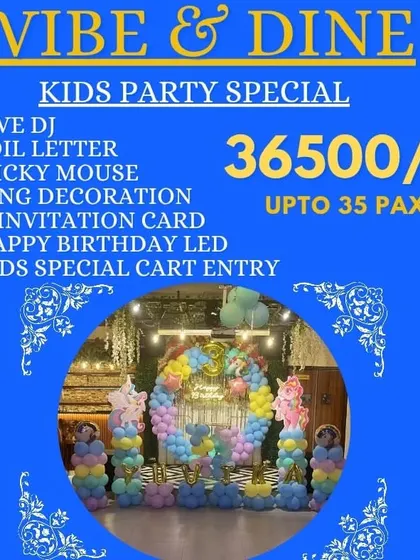 An advertisement for my Kids Party Special package, highlighting the price for 35 guests and showcasing a beautiful unicorn-themed decor setup included in the package.