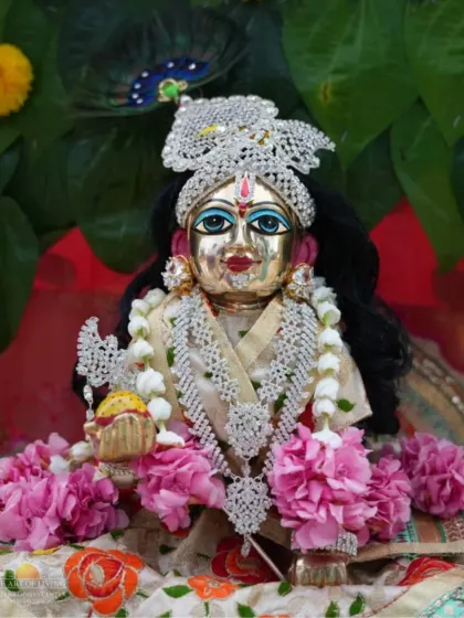 The idol of Lord Krishna, adorned with intricate silver jewelry and fresh flowers. Our volunteers lovingly prepare these decorations as an offering of their devotion.